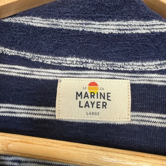 Marine Layer Terry Knit Stripe Polo Mens Large Navy Blue White Soft Lightweight - Picture 2 of 7